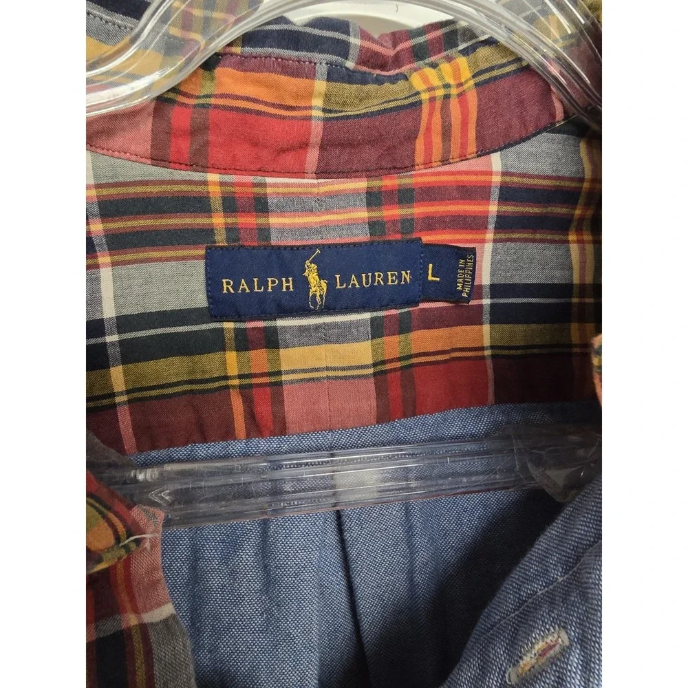 Ralph Lauren Mens Blue Lined Insulated‎ Shirt Red Plaid Madras Patchwork Large